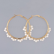 304 Stainless Steel Hoop Earrings, Beaded Hoop Earrings, with Natural Cultured Freshwater Pearl Beads and Cardboard Box, Ring, Golden, 44.5mm, Pin: 0.6x1mm(X-EJEW-JE03752)