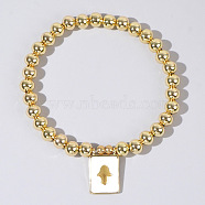 Personality Brass Round Bead Beaded Stretch Bracelets, with Rectangle Brass Enamel Charms for Women, Hamsa Hand, 6-7/8 inch(17.5cm)(ST0339-8)