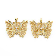 Brass Micro Pave Cubic Zirconia Pendants, Nickel Free, Real 16K Gold Plated, Butterfly, Clear, 25x30.5x3mm, Hole: 2.5x5mm(KK-Q252-065B-NF)
