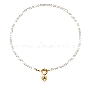 304 Stainless Steel Pendant Necklaces, with Acrylic Imitation Pearl Round Beads and Rhinestone, Heart with Dog Paw Print, White, Golden, 18.3 inch(45.8cm)(NJEW-SZ0001-27)