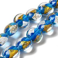 Handmade Gold Sand and Silver Sand Lampwork Flat Round Beads, Dodger Blue, 14~14.5x8.5~9mm, Hole: 1.6~1.8mm(FOIL-C001-02F)