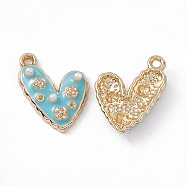Alloy Enamel Pendants, with ABS Imitation Pearl Beads, Light Glod, Heart with Flower Charm, Turquoise, 21x14.5x4mm, Hole: 1.6mm(PALLOY-P287-14LG-03)