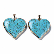 Synthetic Turquoise Pendants, with Golden Plated Brass Edge and Loop, Rack Plating, Heart, Dark Cyan, 44x44x10.5mm, Hole: 4x7.5mm(G-Q998-022A)