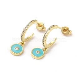 Ring & Evil Eye Real 18K Gold Plated Brass Stud Earrings, Half Hoop Earrings with Cubic Zirconia and Enamel, Dark Turquoise, 22.5x7mm(EJEW-L268-037G-02)