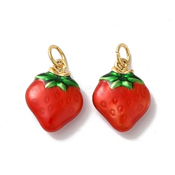 Rack Plating Brass Enamel Pendants, with Jump Ring, Real 18K Gold Plated, Strawberry Charm, Cadmium Free & Lead Free, Long-Lasting Plated, Red, 15x11.5x4.5mm, Hole: 3.5mm(KK-G504-03G)