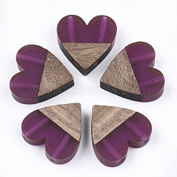 Resin & Walnut Wood Multi Strand Links, Heart, Purple, 24.5~25x24x5~6mm, Hole: 2mm(RESI-S367-12B-05)