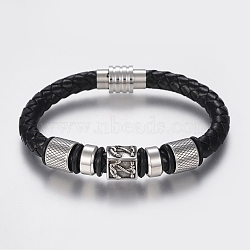 Braided Leather Cord Bracelets, with 304 Stainless Steel Findings and Magnetic Clasps, Black, 8-5/8 inch(220mm), 20x11.5mm(X-BJEW-H560-26)