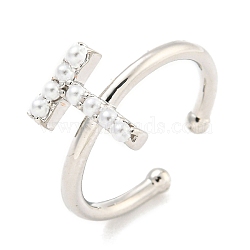 Rack Plating Brass Open Cuff Rings for Women, with ABS Imitation Pearl, Cadmium Free & Lead Free, Long-Lasting Plated, Letter, Letter T, Inner Diameter: 17mm, Letter T: 11.5x9mm(RJEW-F162-01P-T)