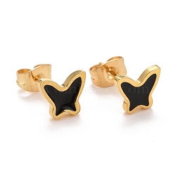 304 Stainless Steel Enamel Stud Earrings, with 316 Surgical Stainless Steel Pin, Golden, Butterfly, Black, 7x8x2mm, Pin: 0.8mm(EJEW-B009-07G-01)