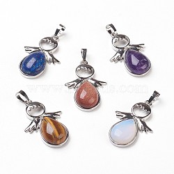 Natural & Synthetic Mixed Stone Pendants, with Brass Findings, Angel, Platinum, 37x24.5x8mm, Hole: 8x5mm(G-P378-E)