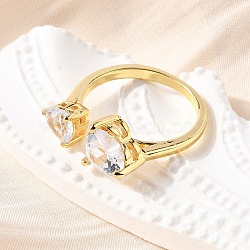 Brass Micro Pave Cubic Zirconia Cuff Rings for Women, Heart, Real 18K Gold Plated, Rack Plating, Long-Lasting Plated, Lead Free & Cadmium Free, Clear, Inner Diameter: 18.6mm(RJEW-F181-10G-01)