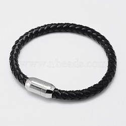 Braided Leather Cord Bracelets, with 304 Stainless Steel Magnetic Clasps, Black, 200x6mm(BJEW-I199-05)