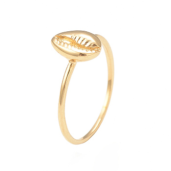 Ion Plating(IP) 304 Stainless Steel Shell Shape Finger Ring for Women, Real 14K Gold Plated, Inner Diameter: 17mm