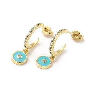 Ring & Evil Eye Real 18K Gold Plated Brass Stud Earrings, Half Hoop Earrings with Cubic Zirconia and Enamel, Dark Turquoise, 22.5x7mm