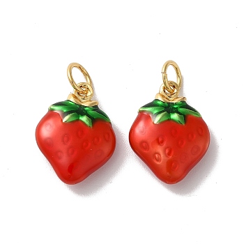 Rack Plating Brass Enamel Pendants, with Jump Ring, Real 18K Gold Plated, Strawberry Charm, Cadmium Free & Lead Free, Long-Lasting Plated, Red, 15x11.5x4.5mm, Hole: 3.5mm