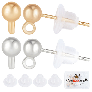 40Pcs 2 Style Brass Ball Stud Earring Post, with Loops, Nickel Free, with 50Pcs Eco-Friendly Plastic Ear Nuts, Platinum & Golden, 6x4mm, Hole: 1mm, Pin: 0.8mm, 20Pcs/style
