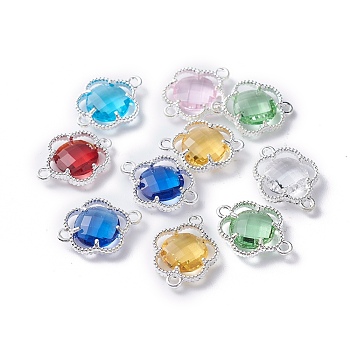 Glass Links connectors, with Eco-Friendly Alloy Open Back Berzel Findings, Faceted, Flower, Silver Color Plated, Mixed Color, 15.5x12x3mm, Hole: 1.4mm