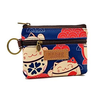Cat Printed Polyester Wallets, 2 Layers Zipper Purse for Change, Keychain, Cosmetic, Rectangle, Dark Blue, 10x12x1.5cm