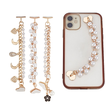 WADORN 3Pcs 3 Style Pearl Plastic Beads Charms Link Chain Phone Case Double Chain Strap Set, Anti-Slip Phone Finger Strap, Phone Grip Holder for DIY Phone Case Decoration, Golden, 14.4~15.3x0.7cm, 1pc/style 