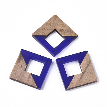 Resin & Wood Pendants, Rhombus, Blue, 37x37x3mm, Hole: 2mm