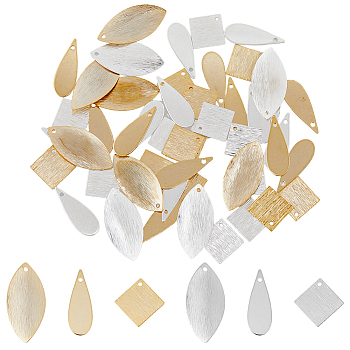 60Pcs 6 Style Brass Charms, Square & Teardrop & Leaf, Golden & Silver, 14~23x7~14x1mm, Hole: 1~1.2mm, 10pcs/style