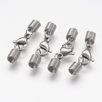 304 Stainless Steel Cord Ends, End Caps, with Lobster Claw Clasps, Stainless Steel Color, 30mm, Inner Diameter: 3.5mm