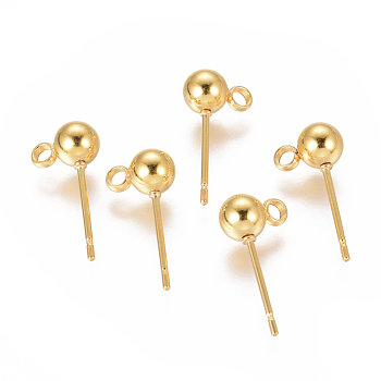 304 Stainless Steel Ear Stud Components, with Loop, Ball, Real 18K Gold Plated, 16x5mm, Hole: 1.6mm, Pin: 0.8mm