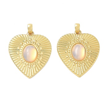 Brass & Opalite Pendants, Heart Charms, Rack Plating, Long-Lasting Plated, Lead Free & Cadmium Free, Real 18K Gold Plated, 29.5x25x5mm, Hole: 4x3mm