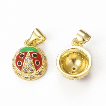 Brass Micro Pave Cubic Zirconia Charms, Enamel Style, Ladybug Charm, Golden, 13x10x5.5mm, Hole: 4x3.5mm