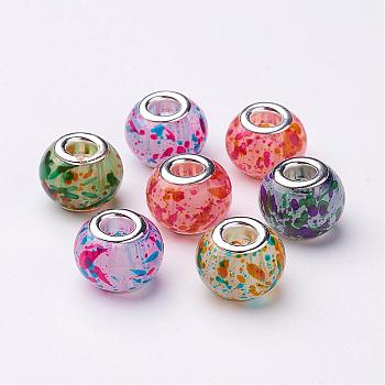 Spray Painted Glass European Beads, with Silver Color Plated Brass Cores, Large Hole Beads, Rondelle, Mixed Color, 15x12mm, Hole: 5mm