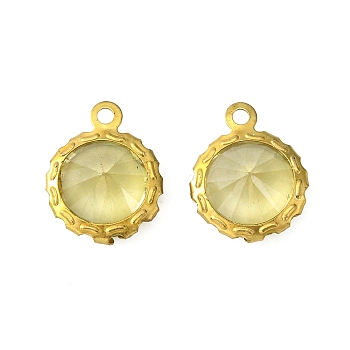 Brass Resin Rhinestone Pendants, Faceted, Flat Round, Golden Metal Color, Light Yellow, 13x11x6mm, Hole: 1mm