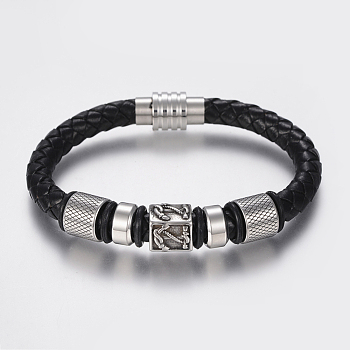 Braided Leather Cord Bracelets, with 304 Stainless Steel Findings and Magnetic Clasps, Black, 8-5/8 inch(220mm), 20x11.5mm