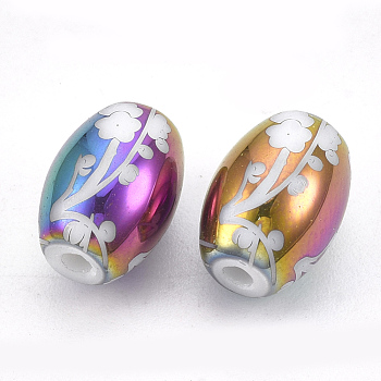 Electroplate Glass Beads, Barrel with Flower Pattern, Multi-color Plated, 11x8mm, Hole: 1.6mm, 200pcs/bag
