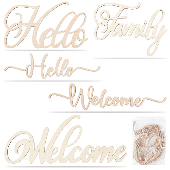5 Sets 5 Style Wooden Door Signs, Hollow-out, with Hemp Cord, Hanging Ornaments, Word Welcome & Hello & Family, Wheat, 210~320x67.5~160x3mm, 1 set/style