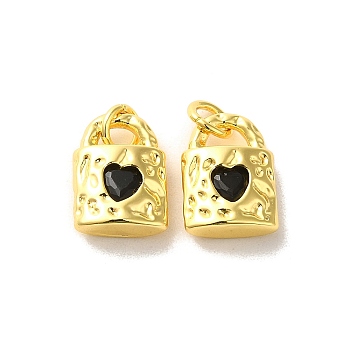 Brass Micro Pave Cubic Zirconia Pendants, Real 18K Gold Plated, Lock, Black, 12.5x9x4mm