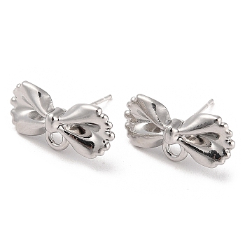 Silver Alloy Stud Earring Findings, with Horizontal Loops & 925 Sterling Silver Pin, Bowknot, 9x17.5mm, Pin: 11x0.6mm