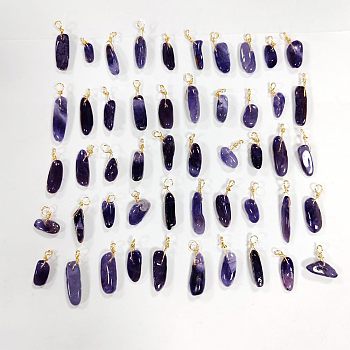 50Pcs Natural Amethyst Pendants, Twisted with Golden Tone Copper Wire, Chip, 17~29x8~10x5.5~9mm, Hole: 2.5~3.2mm