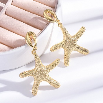 Rack Plating Brass Dangle Stud Earrings for Women, Cadmium Free & Lead Free, Long-Lasting Plated, Real 18K Gold Plated, Starfish, 54x35mm