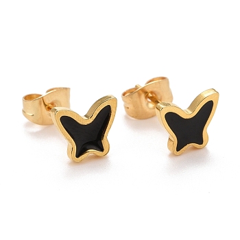 304 Stainless Steel Enamel Stud Earrings, with 316 Surgical Stainless Steel Pin, Golden, Butterfly, Black, 7x8x2mm, Pin: 0.8mm