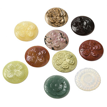 Natural & Synthetic Mixed Gemstone Carved Cabochons, Flat Round with Flower, 49.5~50x6~8mm