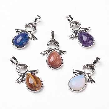 Natural & Synthetic Mixed Stone Pendants, with Brass Findings, Angel, Platinum, 37x24.5x8mm, Hole: 8x5mm