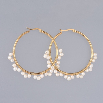 304 Stainless Steel Hoop Earrings, Beaded Hoop Earrings, with Natural Cultured Freshwater Pearl Beads and Cardboard Box, Ring, Golden, 44.5mm, Pin: 0.6x1mm