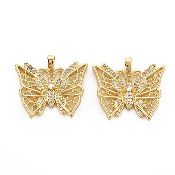 Brass Micro Pave Cubic Zirconia Pendants, Nickel Free, Real 16K Gold Plated, Butterfly, Clear, 25x30.5x3mm, Hole: 2.5x5mm