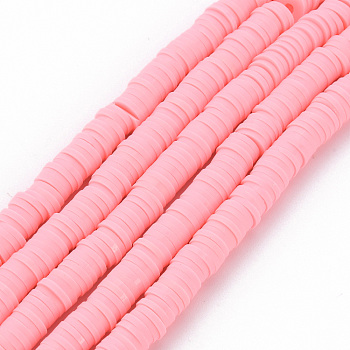 Handmade Polymer Clay Bead Strands, Heishi Beads, Disc/Flat Round, Pink, 6x0.5~1mm, Hole: 2mm, about 320~447pcs/strand, 15.74 inch~16.92 inch