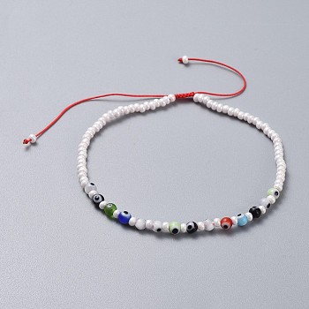 Adjustable Nylon Thread Anklets, with Handmade Evil Eye Lampwork Beads and Glass Seed Beads, Round, Mixed Color, 2-1/2 inch~3-3/8 inch(6.5~8.7cm)