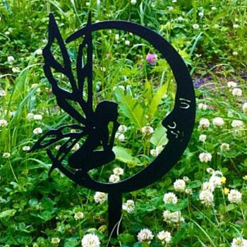 Fairy & Moon Iron Decorative Garden Stake, Ground Insert Decor, for Yard, Lawn, Garden, Graveyard Decoration, Electrophoresis Black, 300mm