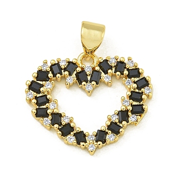 Rack Plating Brass Pave Cubic Zirconia Pendants, Lead Free & Cadmium Free, Real 18K Gold Plated, Heart, Black, 16.5x20x2.5mm, Hole: 3.5x3.5mm