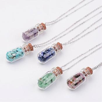 Glass Bottle Pendant Necklaces, with Mixed Stone Chip Beads and Brass Chain, Platinum, 17.9 inch