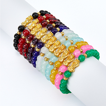 11Pcs 11 Colors Glass Round & Alloy Pixiu Beaded Stretch Bracelets Set for Women, Mixed Color, Inner Diameter: 2-1/8 inch(5.3cm), 1Pc/color