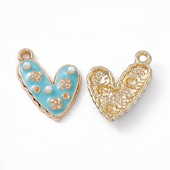 Alloy Enamel Pendants, with ABS Imitation Pearl Beads, Light Glod, Heart with Flower Charm, Turquoise, 21x14.5x4mm, Hole: 1.6mm